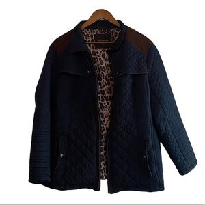 Blue Weatherproof jacket with cheetah print.